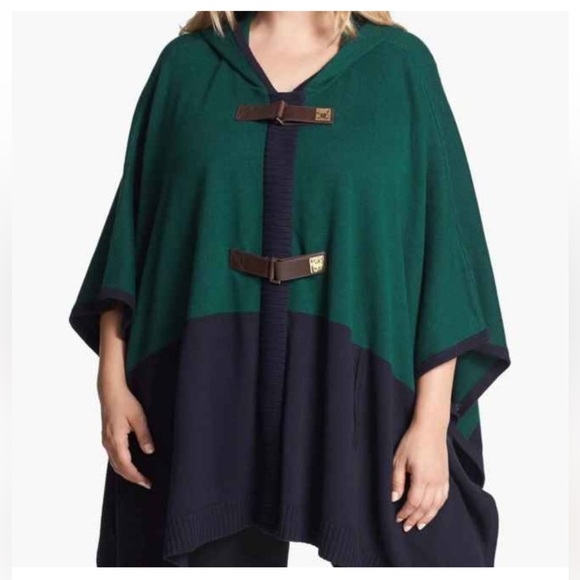 MICHAEL Michael Kors Hooded Navy & Green Color-block Poncho One Size - Picture 1 of 11